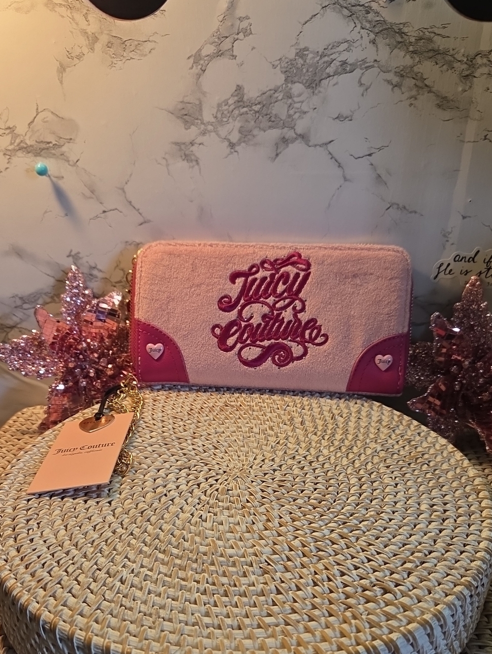 Juicy Couture Pink Embroidered Logo Zip Wallet with Gold Chain